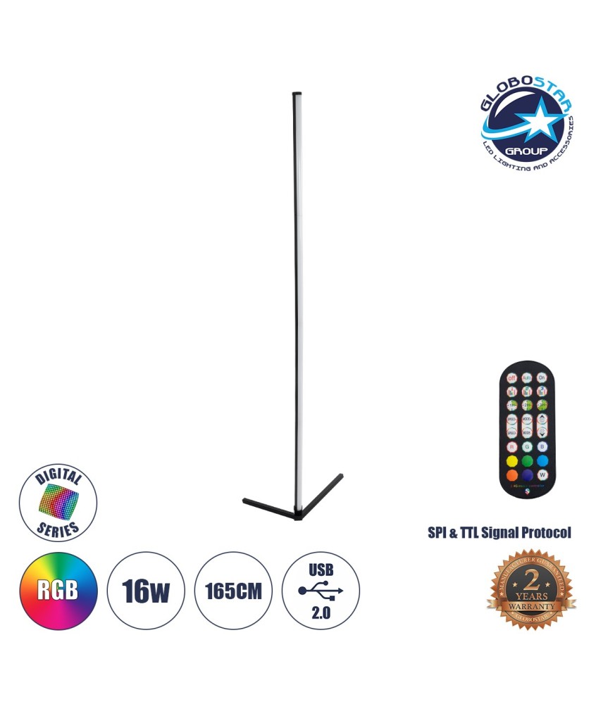 GLOBOSTAR® DIGICOLUMN 90763 Μοντέρνο Επιδαπέδιο Γραμμικό Ψηφιακό Φωτιστικό Digital Pixel Symphony Bar με RF Ασύρματο Χειριστήριο LED 16W 1280lm 180° DC 5V με USB 2.0 IP20 Πολύχρωμο RGB Dimmable - Μαύρο - Φ3 x Υ165cm - 2 Χρόνια Εγγύηση